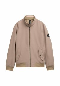 Lichtbeige bomberjack met een hoge kraag, frontale rits, twee zijzakken, ribgebreide manchetten en onderrand, en een klein logopatch op de mouw.
