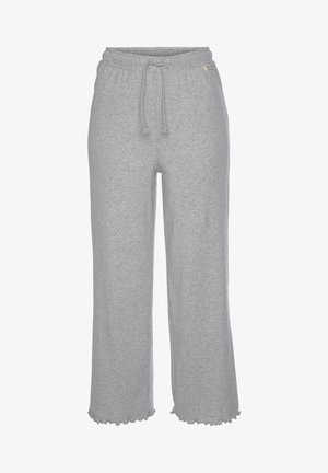 Graue Sweatpants aus weichem Stoff, mit einem elastischen Bund und Kordelzug, ausgestellten Beinen und dekorativen Rüschen am Saum.