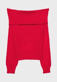 Roter Off-Shoulder-Pullover mit geripptem Halsausschnitt und Bündchen. Weiche Textur, lockere Passform und cropped Design. Schlichtes, unverziertes Styling.