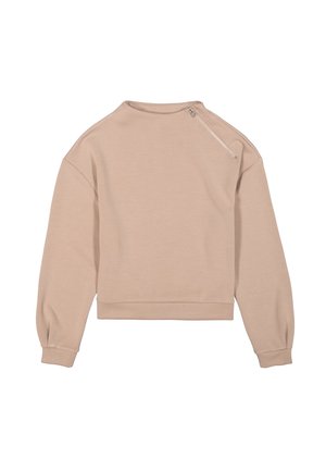 Sweatshirt court beige clair en tissu doux, avec une fermeture éclair unique à l'épaule et des poignets côtelés pour un look ajusté.