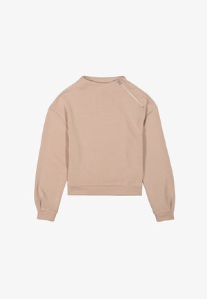 Lichtbeige cropped sweatshirt van zachte stof, met een unieke ritsluiting op de schouder en geribbelde manchetten voor een aansluitende look.