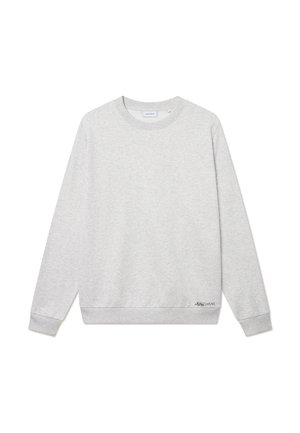 Sudadera gris claro hecha de un tejido suave, con cuello redondo, mangas largas y puños y dobladillo acanalados. Presenta un detalle de logo en la parte delantera.