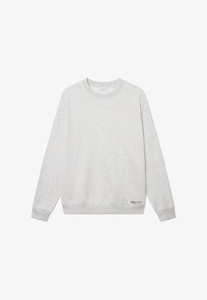 Světle šedá mikina vyrobená z měkké látky s kulatým v neckem, dlouhými rukávy a žebrovanými manžetami a lemem. Obsahuje loga detail vpředu.