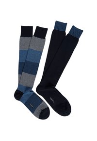 Calze fino al ginocchio di colore blu navy con strisce orizzontali di varie tonalità di blu e grigio; texture liscia; punta rinforzata; polsini a coste.