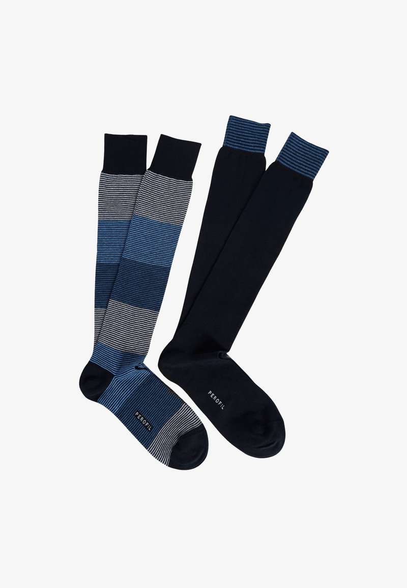 Calze fino al ginocchio di colore blu navy con strisce orizzontali di varie tonalità di blu e grigio; texture liscia; punta rinforzata; polsini a coste.