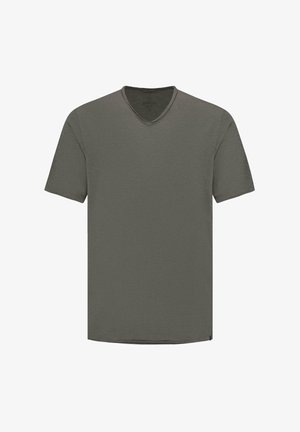 T-särk V-kaelusega tumerohelises oliivivärvis, lühikeste varrukatega, pehmest kangast, millel on veidi tekstureeritud viimistlus. Ilma nähtavate mustrite või aktsentideta.