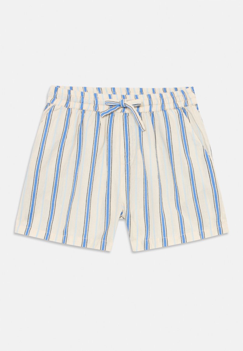 Pruhované šortky v svetlej béžovej farbe s modrými a tmavomodrými vertikálnymi pruhmi. Majú elastický pás, šnúrku a bočné vrecká.
