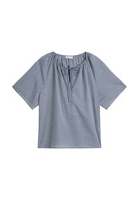 Top azzurro chiaro a maniche corte con collo arricciato e dettaglio a fiocco. Realizzato in un tessuto morbido con una vestibilità comoda e una consistenza liscia.