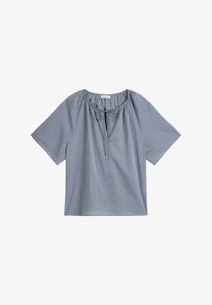 Helles blaues kurzärmeliges Oberteil mit gerafftem Ausschnitt und Bindedetail. Hergestellt aus weichem Stoff mit lockerer Passform und glatter Textur.