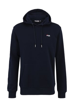 Felpa blu navy con tasca a canguro, coulisse e logo FILA bianco sul petto. Realizzata in tessuto morbido e testurizzato.