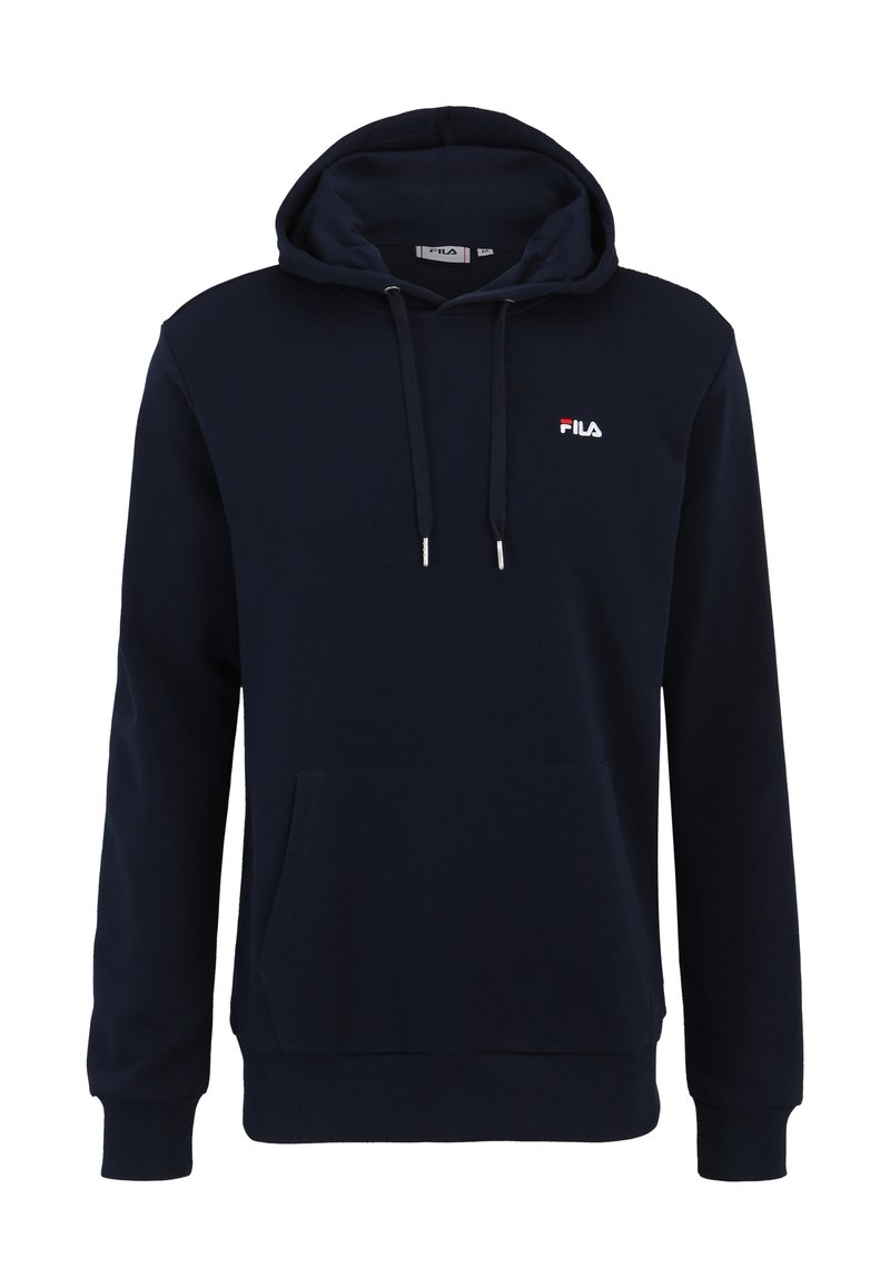 Felpa blu navy con tasca a canguro, coulisse e logo FILA bianco sul petto. Realizzata in tessuto morbido e testurizzato.