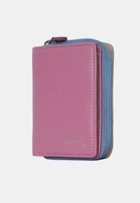 Compact wallet in pink faux leather with denim and gray textile accents, featuring a zipper closure and subtle embossed logo detail.
