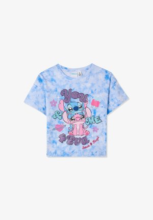 Maglietta grafica tie-dye blu con personaggi dei cartoni animati, scritta "You & Me 4 Eva", dettagli floreali e illustrazione di un ghiacciolo. Tessuto morbido in cotone.