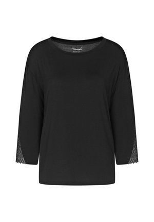 Schwarzes Langarmoberteil mit rundem Halsausschnitt und Spitzenbesatz an den Ärmelenden, Markenlabel "Triumph" sichtbar innen am Kragen.