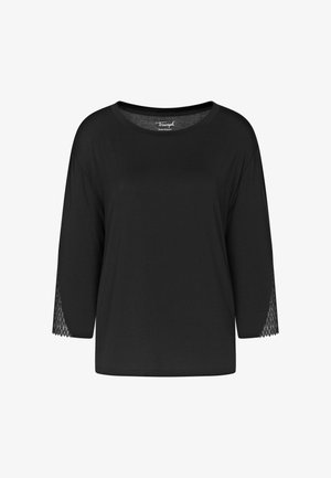 Top long noir à manches longues avec encolure ronde et bordure en dentelle aux extrémités des manches, étiquette de marque "Triumph" visible à l'intérieur du col.