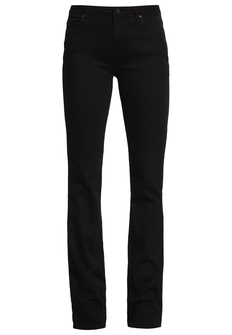 Jean noir droit avec cinq poches, fermeture par bouton et passants de ceinture, présenté sur fond blanc.