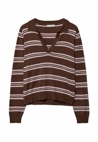 Brązowy sweter w paski z dekoltem w serek i długimi rękawami. Posiada na przemian paski w jasnoróżowym i białym kolorze, wykonany z miękkiej, teksturowanej tkaniny.