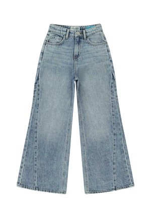 Lichtblauwe wijdvallende jeans, gemaakt van denim, hebben een hoge taille, vijf zakken en zichtbare stiksels met een vervaagde afwerking.