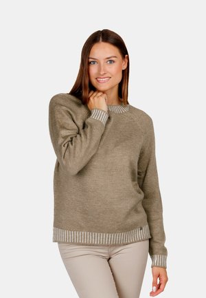 Junge Frau mit glatten braunen Haaren, die einen taupefarbenen Pullover mit gestreiften Bündchen an Ärmeln und Saum trägt, lächelt und hält ihren Kragen.