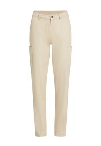 Beige cargo kalhoty vyrobené z bavlněné směsi. Obsahují dvě boční kapsy, standardní pas a zúžený střih nohavic.