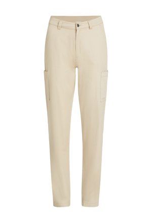 Pantalons cargo beiges en mélange de coton. Comprend deux poches latérales, une taille standard et une coupe de jambe fuselée.