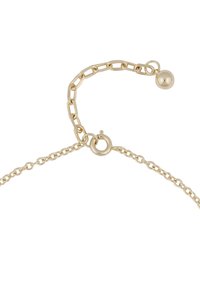 Guldhuvudkedja med cirkulära länkar och en lås som har en liten rund accentboll. Slät yta, lättviktig design.