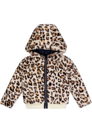 Veste à capuche pour enfant avec fourrure douce imprimée léopard et fermeture éclair à l'avant, avec des taches beige, marron et noires.