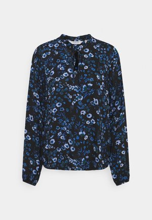 Schwarze Bluse mit langen Ärmeln, blau-weißem Blumenmuster, rundem Ausschnitt und kleinem Schlitz vorne mit Bindeband-Detail.