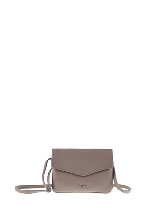 Borsa a tracolla in ecopelle grigia, forma rettangolare, con pattina pieghevole, tracolla sottile e regolabile, accentuazione del logo in argento sul davanti.