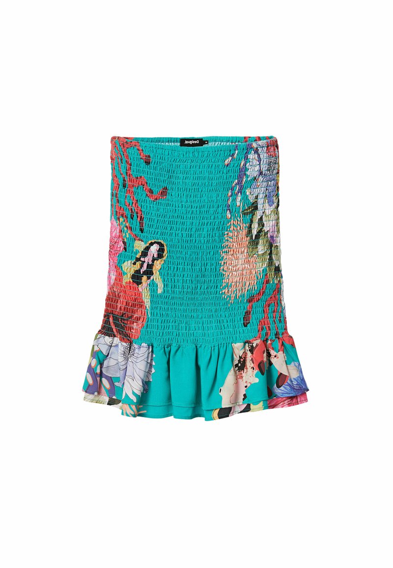 Mini jupe smockée turquoise colorée avec une bordure froncée, mettant en avant des motifs floraux et abstraits dans des teintes vives. Tissu léger avec texture.