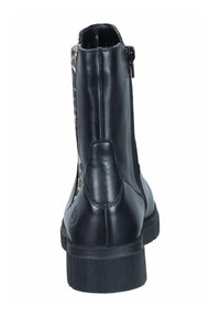Schwarze Lederstiefelette mit Leopardenmusterakzenten, seitlichem Reißverschluss, Gummisohle und strukturierter Ferse, die ein schlankes, modernes Design präsentiert.