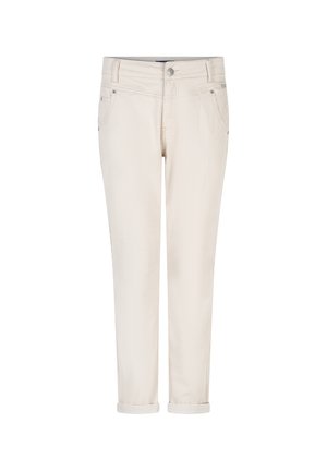 Bukser i cremefarvet farve med lige ben og opsmøgede kanter, forsideknap, bæltestropper og forlommer, vist forfra på en hvid baggrund.