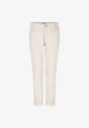 Bukser i cremefarvet farve med lige ben og opsmøgede kanter, forsideknap, bæltestropper og forlommer, vist forfra på en hvid baggrund.