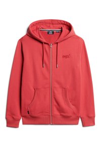 Rode zip-up hoodie gemaakt van zachte stof, met een logo aan de voorkant, twee zijzakken en een gevoerde capuchon met trekkoorden.