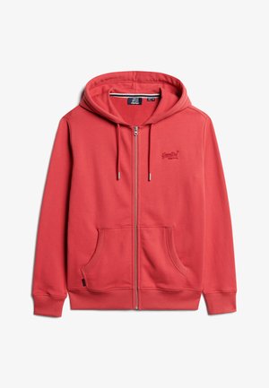 Rode zip-up hoodie gemaakt van zachte stof, met een logo aan de voorkant, twee zijzakken en een gevoerde capuchon met trekkoorden.
