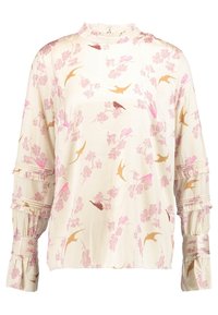 Långärmad blus i krämfärgad tyg med rosa och guldigt blommönster; har en volangkrage och samlade ärmar med detaljer.