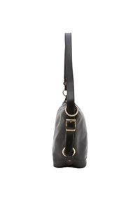 Borsa nera in pelle con texture liscia, forma curva, tracolla regolabile e dettagli in metallo dorato sui lati.
