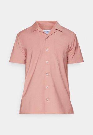 Short-sleeve button-up shirt in light pink, made from smooth fabric. Features a chest pocket and a classic collar with front buttons.