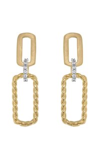 Goldene Ohrringe mit einem strukturierten rechteckigen Oberteil und einem unteren Teil im verdrehten Seil-Muster, mit einem kleinen silbernen Akzent, der die Teile zusammenhält.