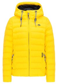 Gul puffjacka med huva, två sidofickor med dragkedja, svart inredning och kontrasterande mönstrade snoddar. Har en logotyp på bröstet.