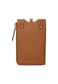 Tan leather wallet with a smooth texture, zip closure, and two metal loop accents at the top. Features a tab for easy opening.