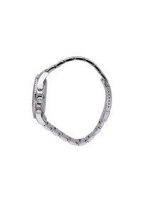 Orologio in acciaio inossidabile silver con cassa rotonda, bracciale a maglie e tre pulsanti di controllo sul lato. Finitura liscia, design minimalista.