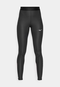 Sorte atletiske leggings med en glat, strækbar tekstur, der har et tætsiddende design, flade sømme og et lille logo på den øverste front.