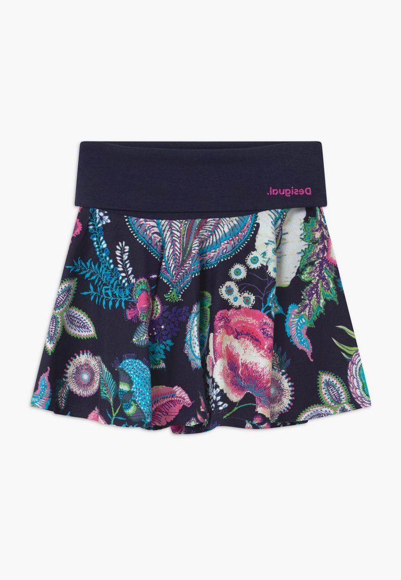 Blommönstrad kjol med en mörk marinblå bakgrund. Har ett brett elastiskt midjeband och en utsvängd silhuett, tillverkad av mjukt tyg.