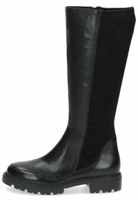 Botas negras hasta la rodilla, hechas de cuero suave con un panel de ante mate, que cuentan con una suela texturizada y un diseño de punta redondeada.