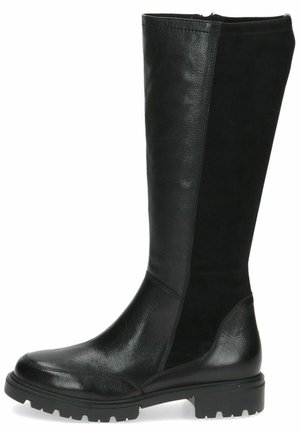Bottes noires jusqu'aux genoux en cuir lisse avec un panneau en daim mat, dotées d'une semelle texturée et d'un design à bout rond.