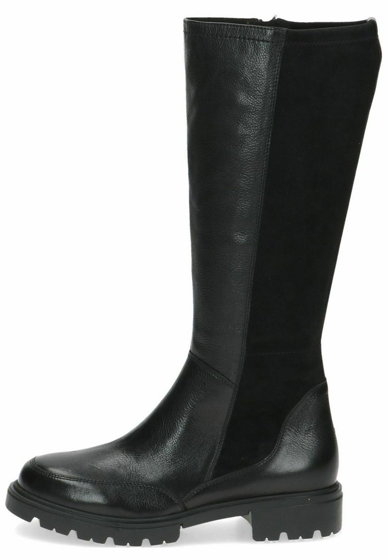 Botas negras hasta la rodilla, hechas de cuero suave con un panel de ante mate, que cuentan con una suela texturizada y un diseño de punta redondeada.