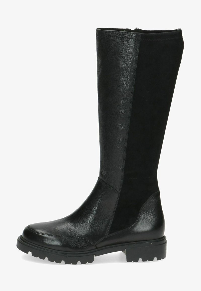 Botas negras hasta la rodilla, hechas de cuero suave con un panel de ante mate, que cuentan con una suela texturizada y un diseño de punta redondeada.