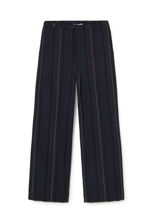 Pantalons bleu marine avec des rayures verticales rouges, blanches et bleues, dotés d'une taille élastique et d'une coupe large.
