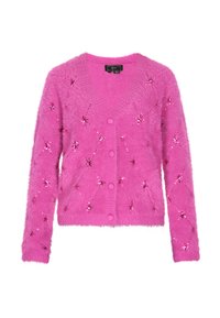 Flauschige rosa Strickjacke mit V-Ausschnitt, Knopfverschluss und einem glitzernden Blumenmuster. Weicher Stoff mit langen Ärmeln.